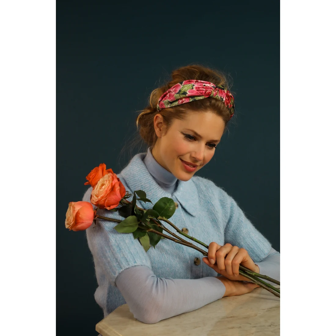 Printed Velvet Painted Peony Headband - Image 2