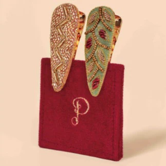 Zig Zag 60s Abstract Cream Sage Jewelled Hair Clips